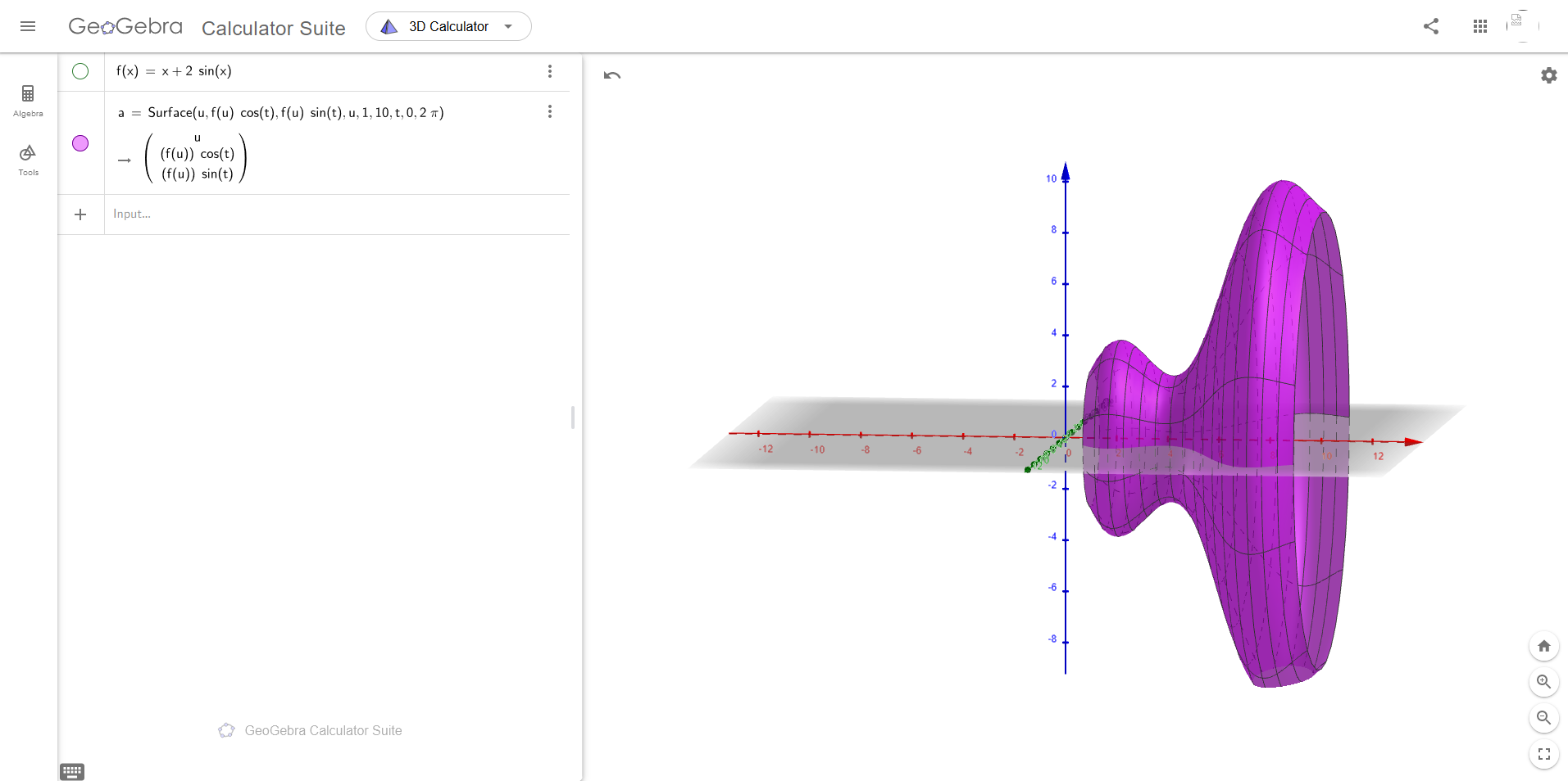 A surface of revolution with the geogebra commands to create the plot displayed on the left.